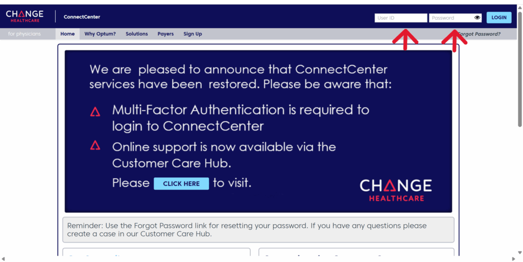 Change Healthcare Provider login portal screenshot